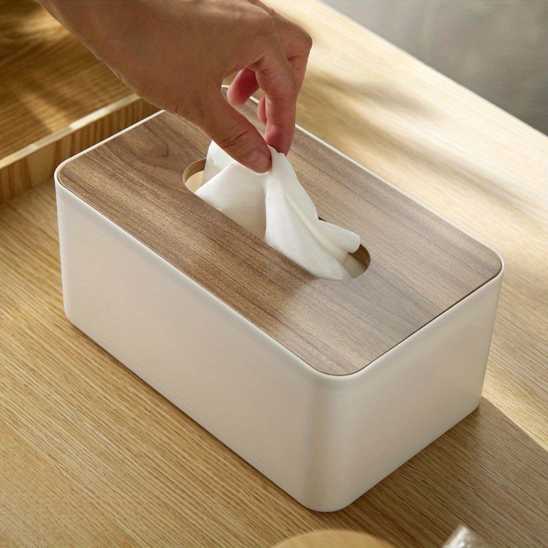 Caja para Pañuelos Rectangular Blanca con Tapa de Bambú