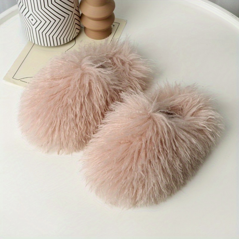

Solid Color Fluffy Faux Fur Slippers, Slip On Soft Sole Flat Non-slip Shoes, Winter Closed Toe Home Warm Shoes For Koningsdag/king's Day