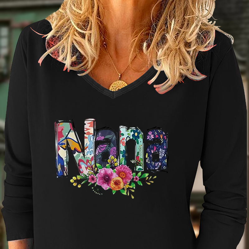 

Nana Print T-shirt, Long Sleeve V Neck Casual Top For Summer & Spring, Women's Clothing