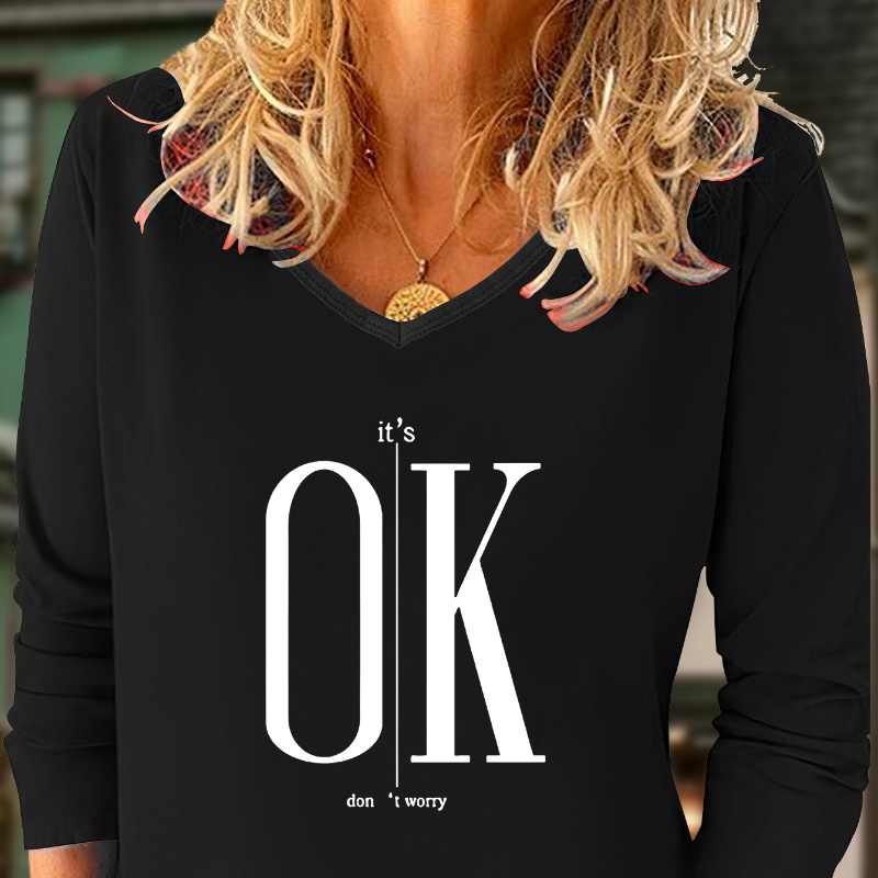 

Don't Worry Letter Print T-shirt, Long Sleeve V Neck Casual Top For Spring & Fall, Women's Clothing