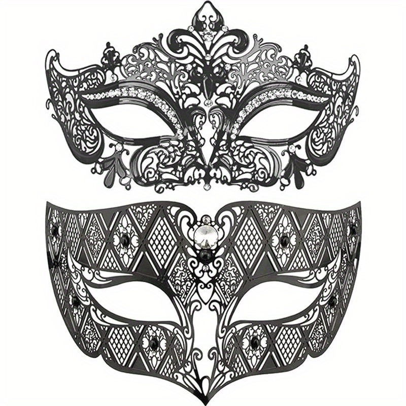 Iron And Diamond Inlaid High-end Masks For Couples Venice Laser Cut Masks,  Halloween Carnival Party Masks (black And Black) - Temu