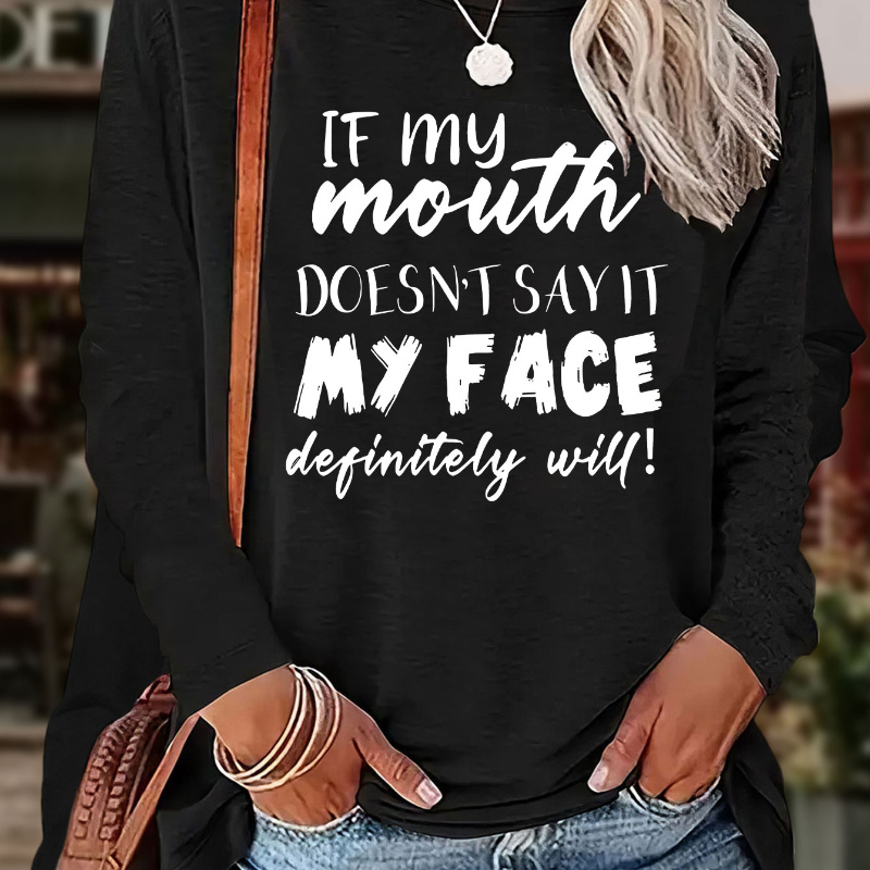 

Print T-shirt, Long Sleeve Crew Neck Casual Top For Fall & Spring, Women's Clothing