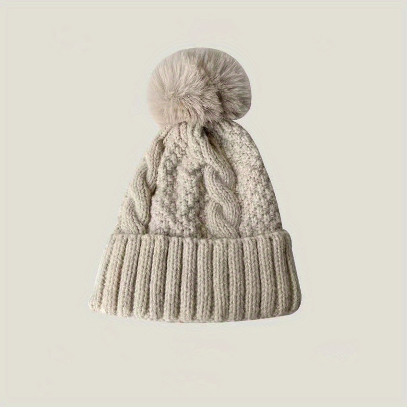 Solid Twisted Beanie Hat with Pom Poms, Fashionable Chunky Soft Warm Cable Knit Hat,Temu