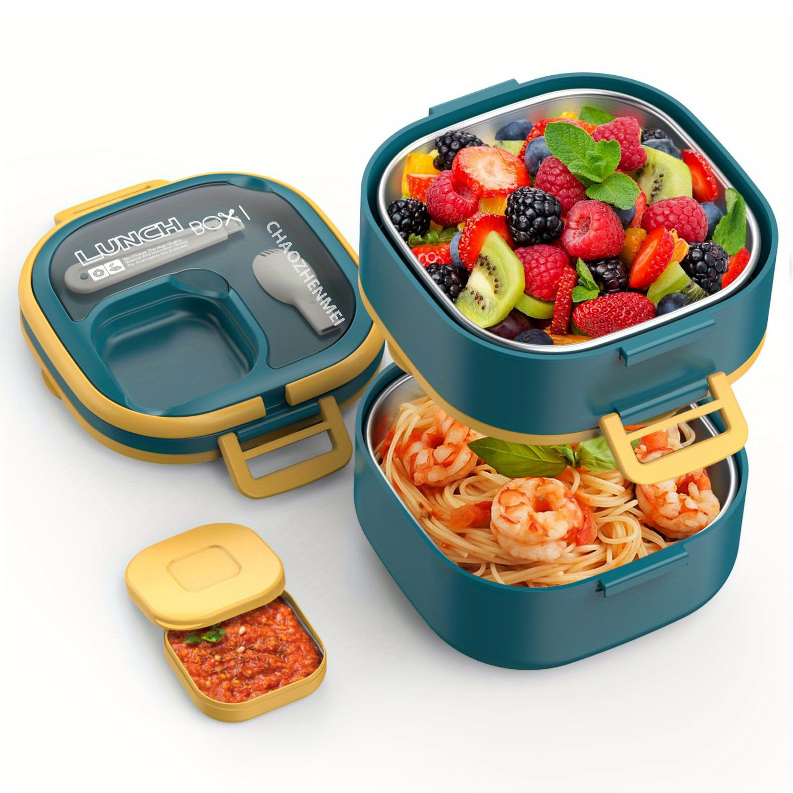 2 Layers Leakproof Bento Lunch Box with stainless steel silverware, BPA Free