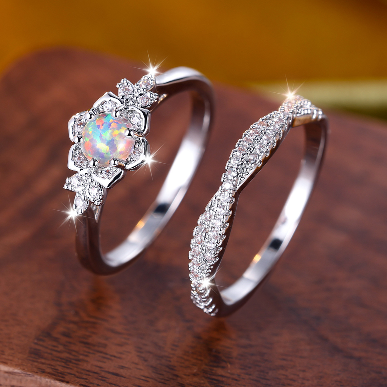 Retro Palace Style Rhinestone Lace Opal Ring Set for Women