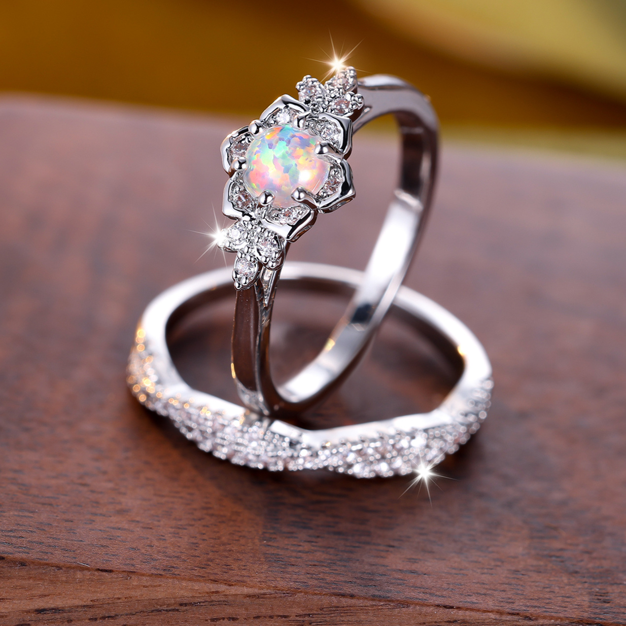 Retro Palace Style Rhinestone Lace Opal Ring Set for Women