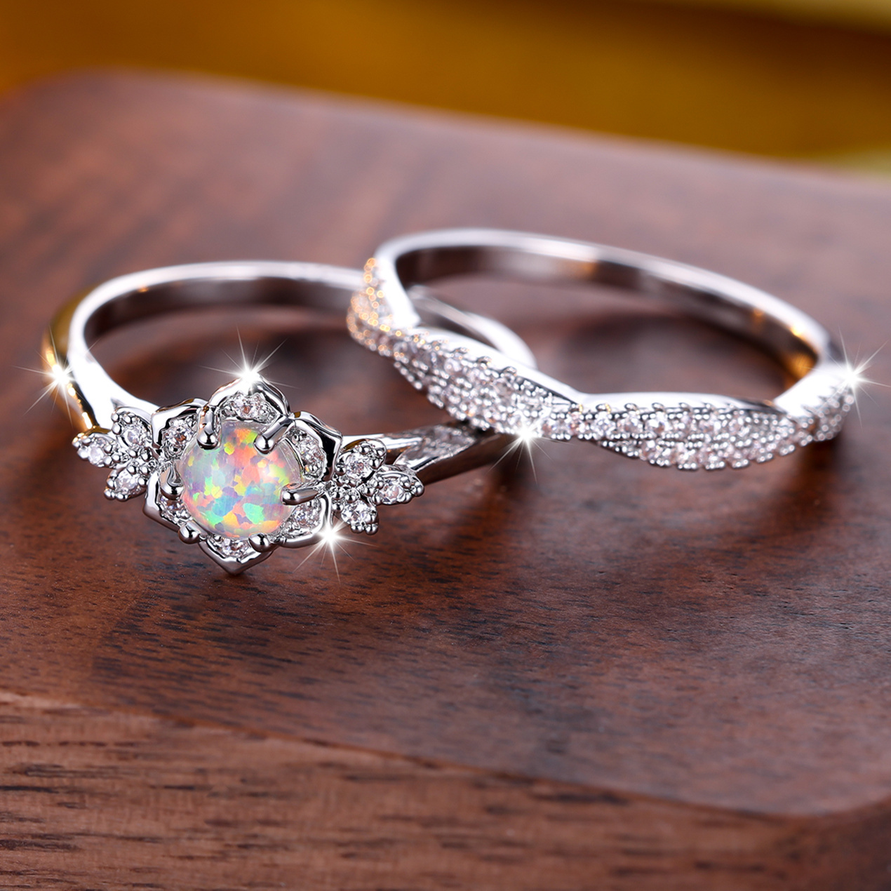 Retro Palace Style Rhinestone Lace Opal Ring Set for Women