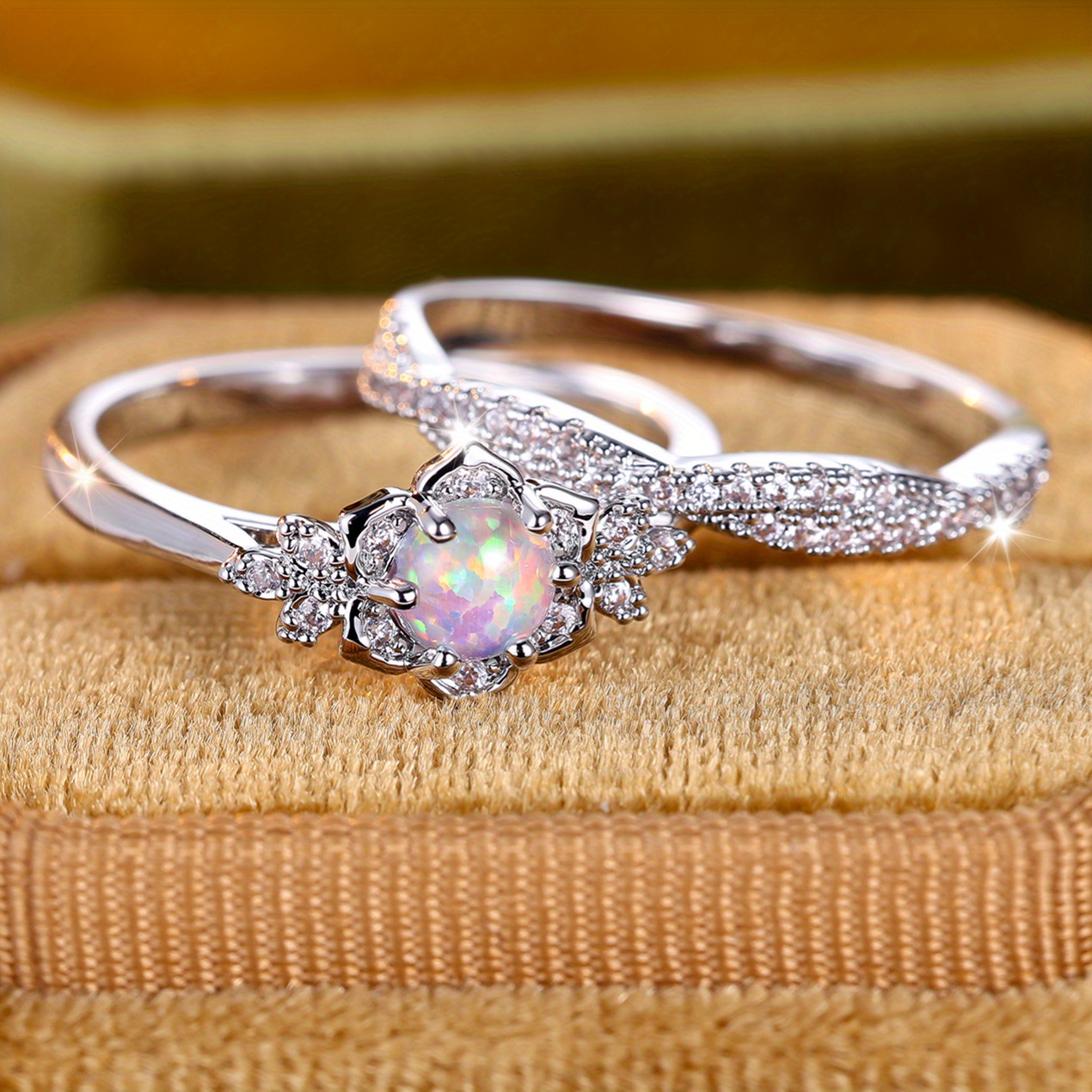 Retro Palace Style Rhinestone Lace Opal Ring Set for Women