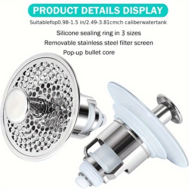 Stainless Steel Drain Filter Wash Basin Plug Bath Stopper Hair Catcher Basin Spring Core Bathroom Sink Plug Pop-Up Bounce Core Basin Drain Filter Rose