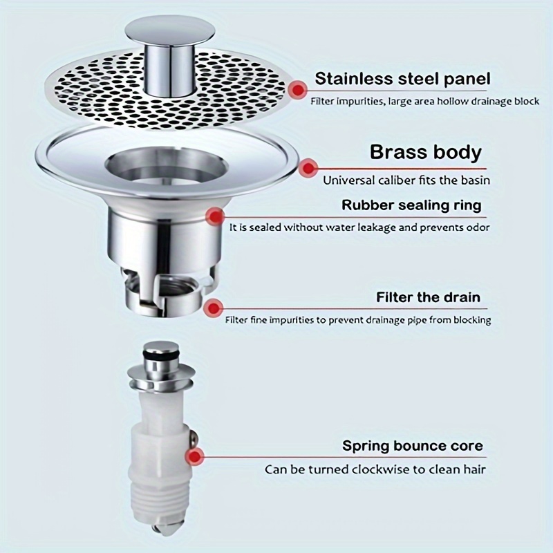 Stainless Steel Drain Filter Wash Basin Plug Bath Stopper Hair Catcher Basin Spring Core Bathroom Sink Plug Pop-Up Bounce Core Basin Drain Filter Rose