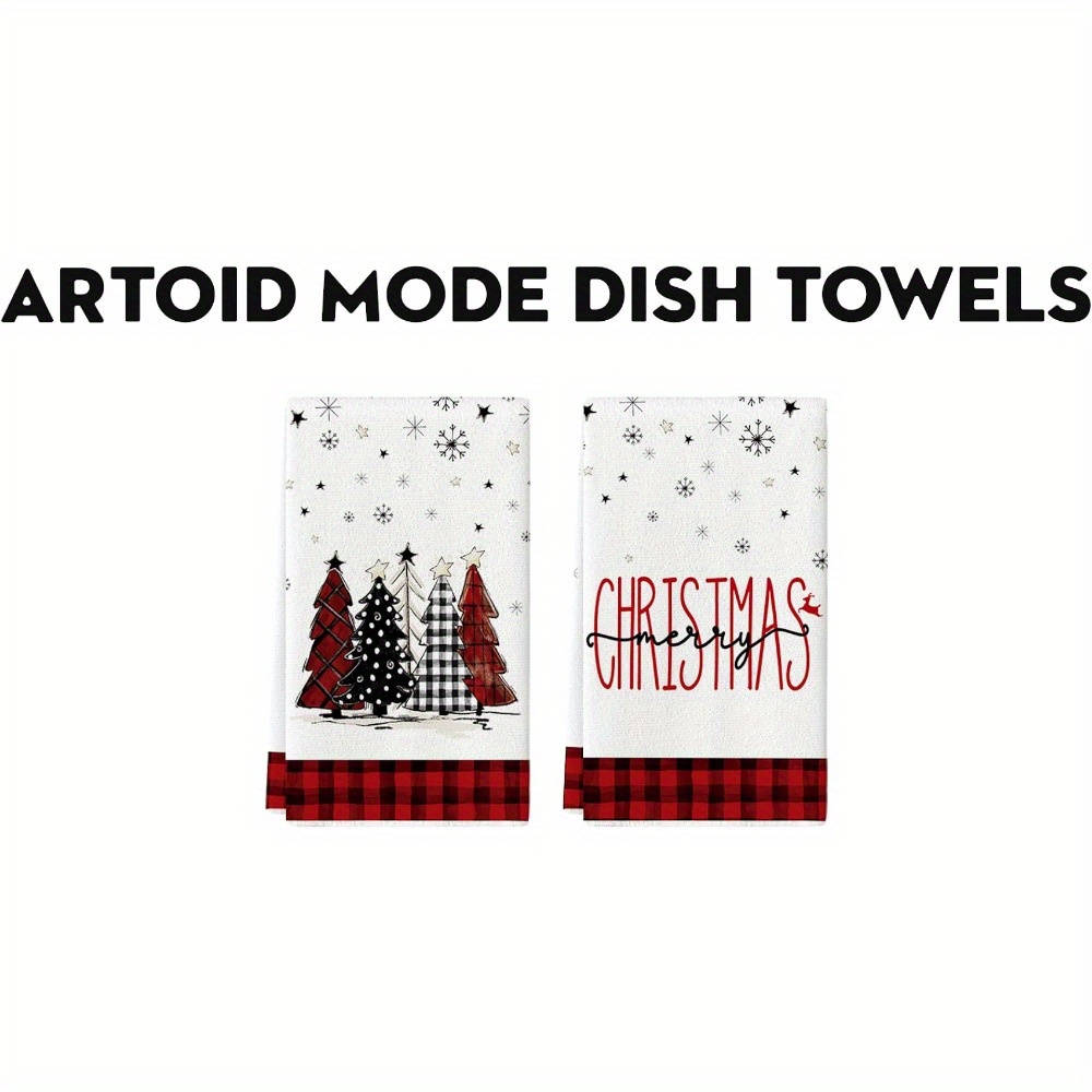 Artoid Mode Buffalo Plaid Merry Christmas Kitchen Towels Dish Towels, 18x26  Inch Winter Xmas Trees Star Decoration Hand Towels Set of 2