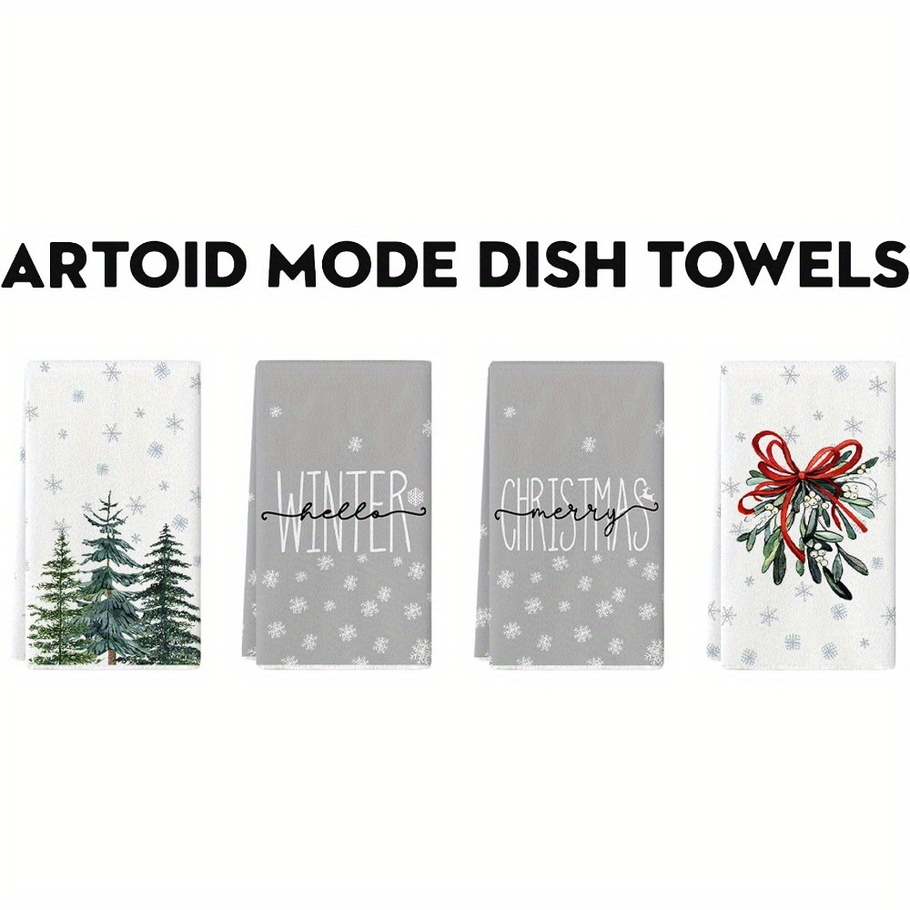 2PCS Snowflake Tree Mistletoe Merry Christmas Kitchen Towels Dish Towels,  18x26 Inch Seasonal Hello Winter Decoration Hand Towels Set of 2