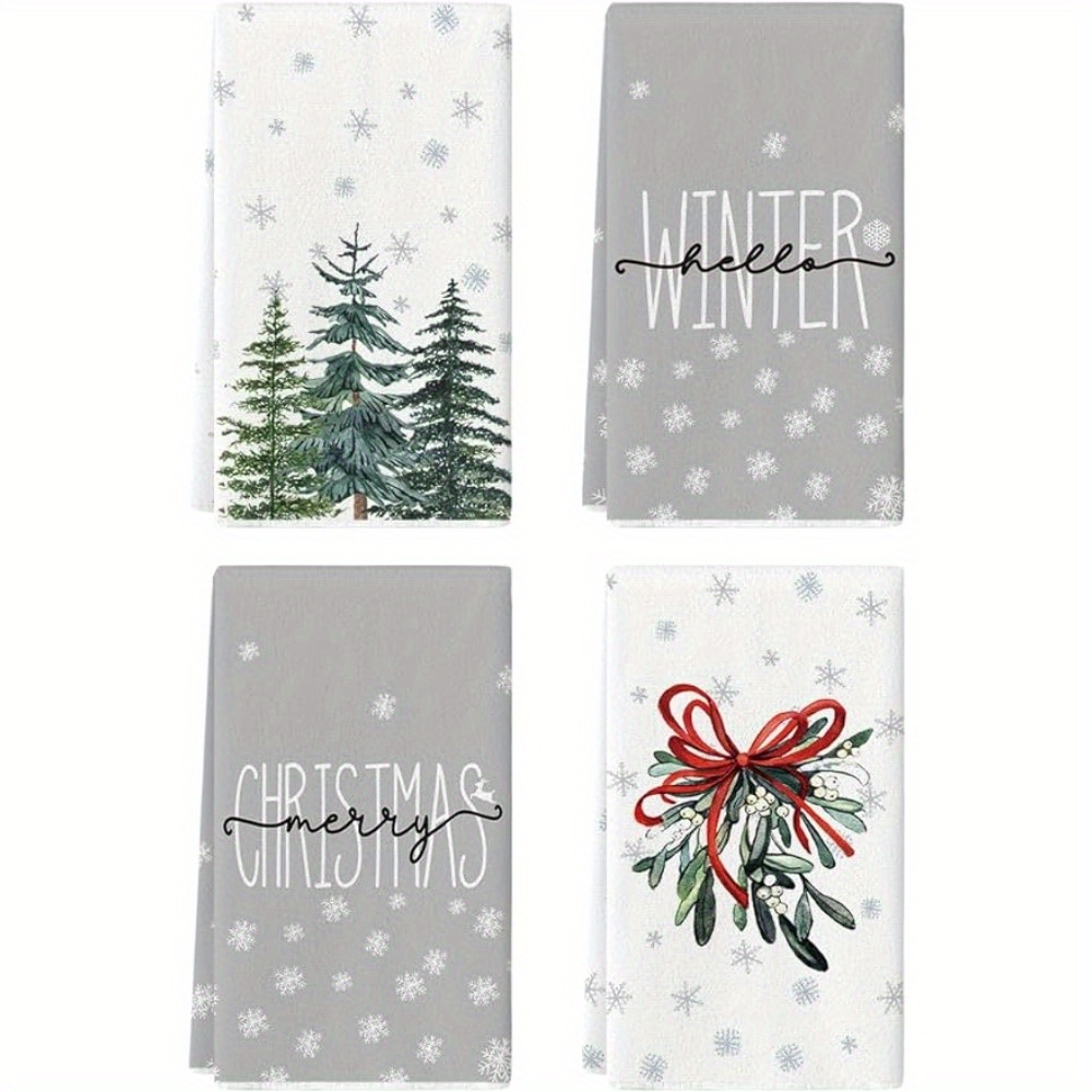 2PCS Snowflake Tree Mistletoe Merry Christmas Kitchen Towels Dish Towels,  18x26 Inch Seasonal Hello Winter Decoration Hand Towels Set of 2