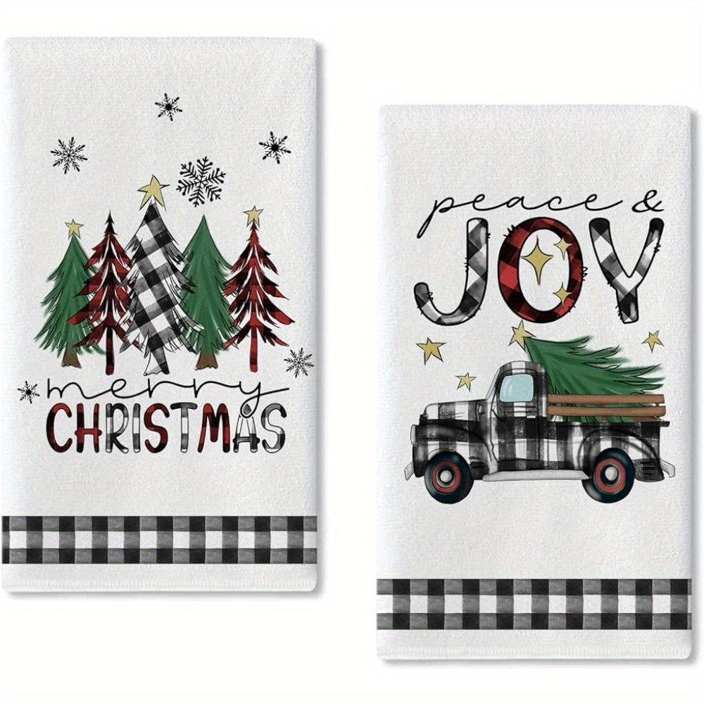 2pcs, Christmas Hand Towels, Black Buffalo Plaid Christmas Tree Kitchen  Towel Dish Towe, Christmas Kitchen Decoration, Super Absorbent Dry Cloth  Towe
