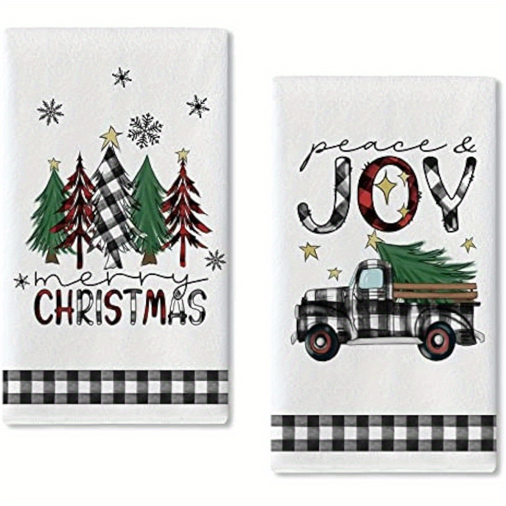 Christmas Tree Truck Hand Bath Towel Highly Absorbent Soft Hanging Towels  and Buffalo Plaid Winter Snowflake Holiday Kitchen Dish Towel Set Washcloth  2pcs 