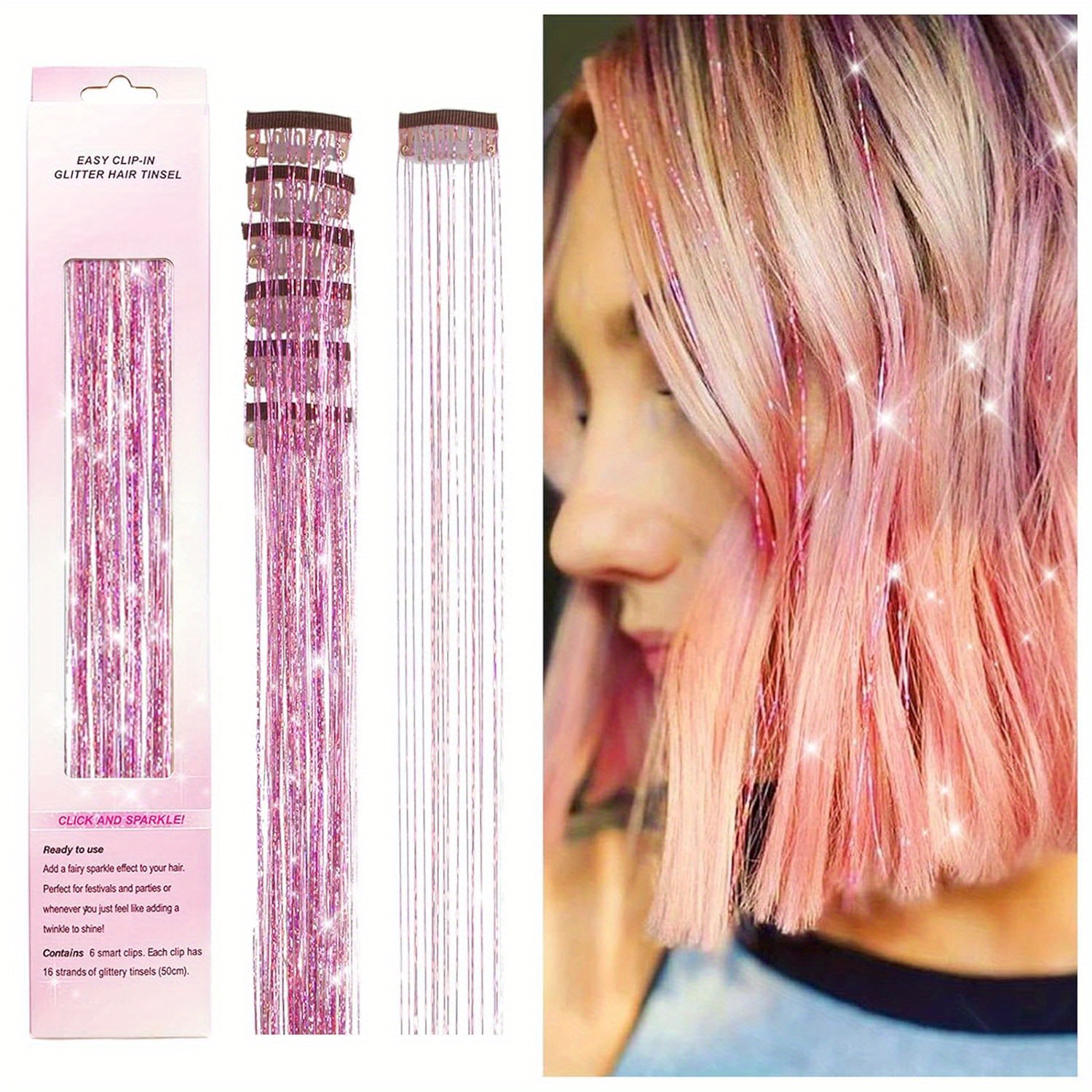 Twinkle Sparkle 6 Pcs Clip in Colored Hair Extensions with Glitter