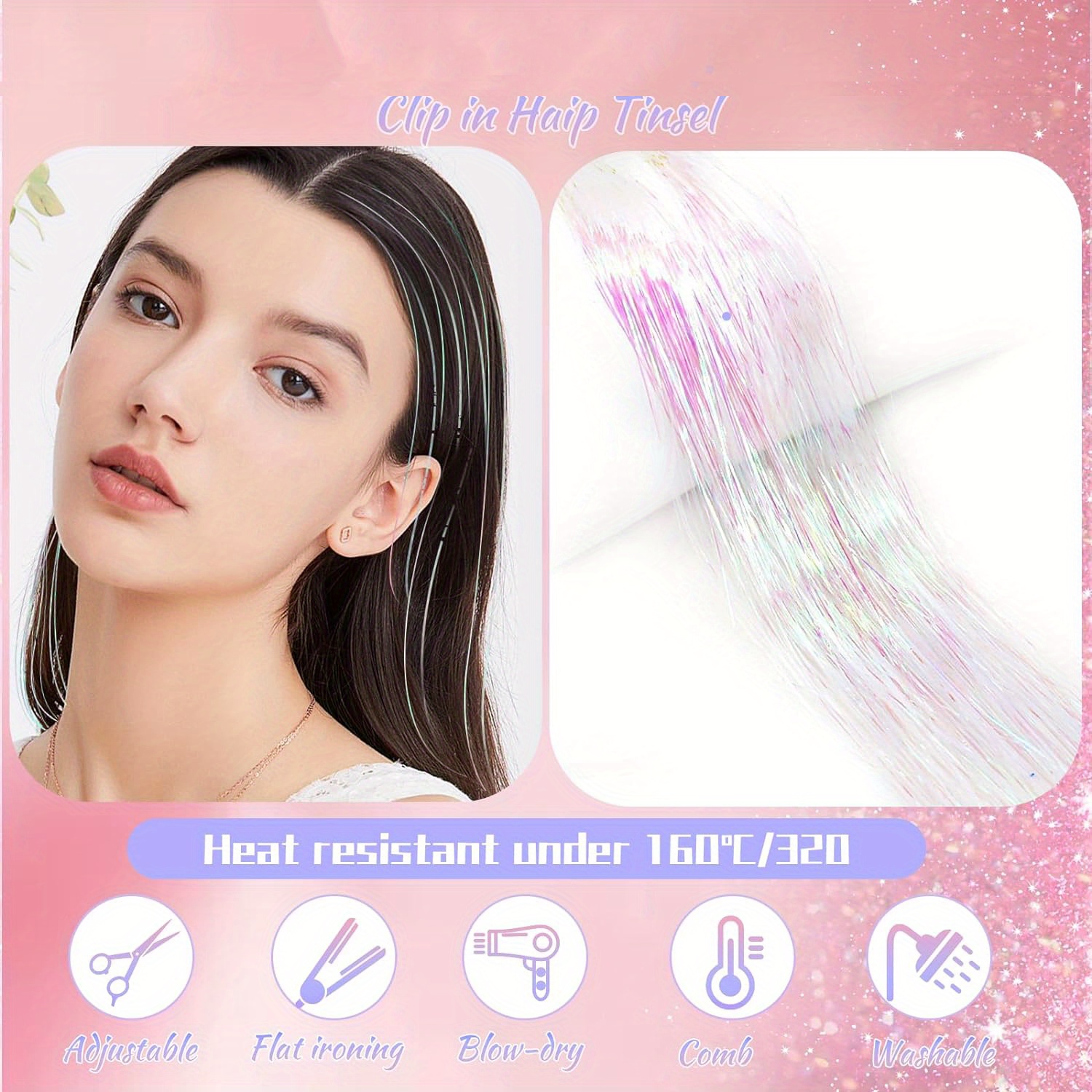 Y2K Party Glittery Tinsel Hair Extension 6pcs/set Clip in Hair Tinsel Kit Sparkle Hair Accessories for Women Girls Kids,Temu