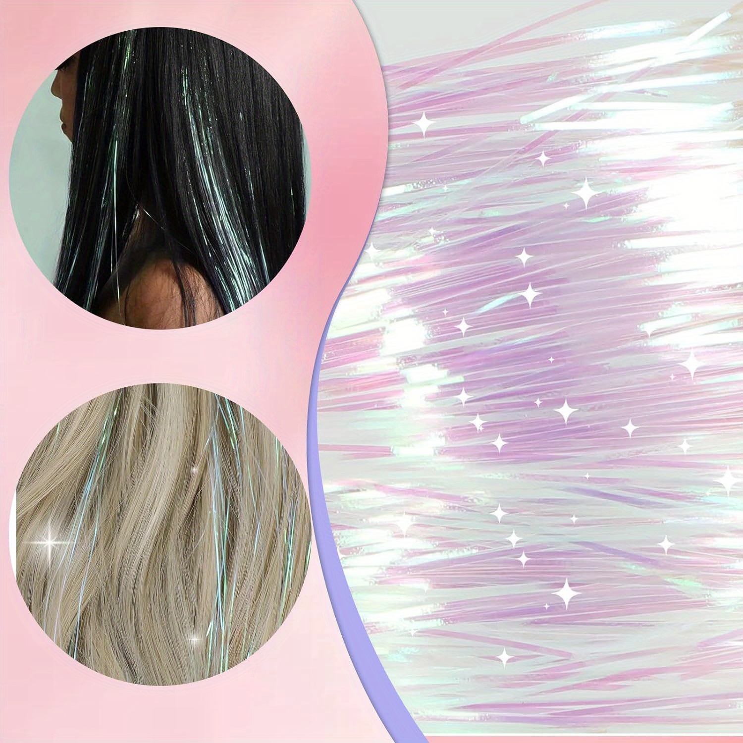Clip in Hair Tinsel Kit, Pack of 6pcs Glitter Fairy Tinsel Hair Extensions, Human Hair Extensions 20 inch Shiny Hair Tinsel,Temu