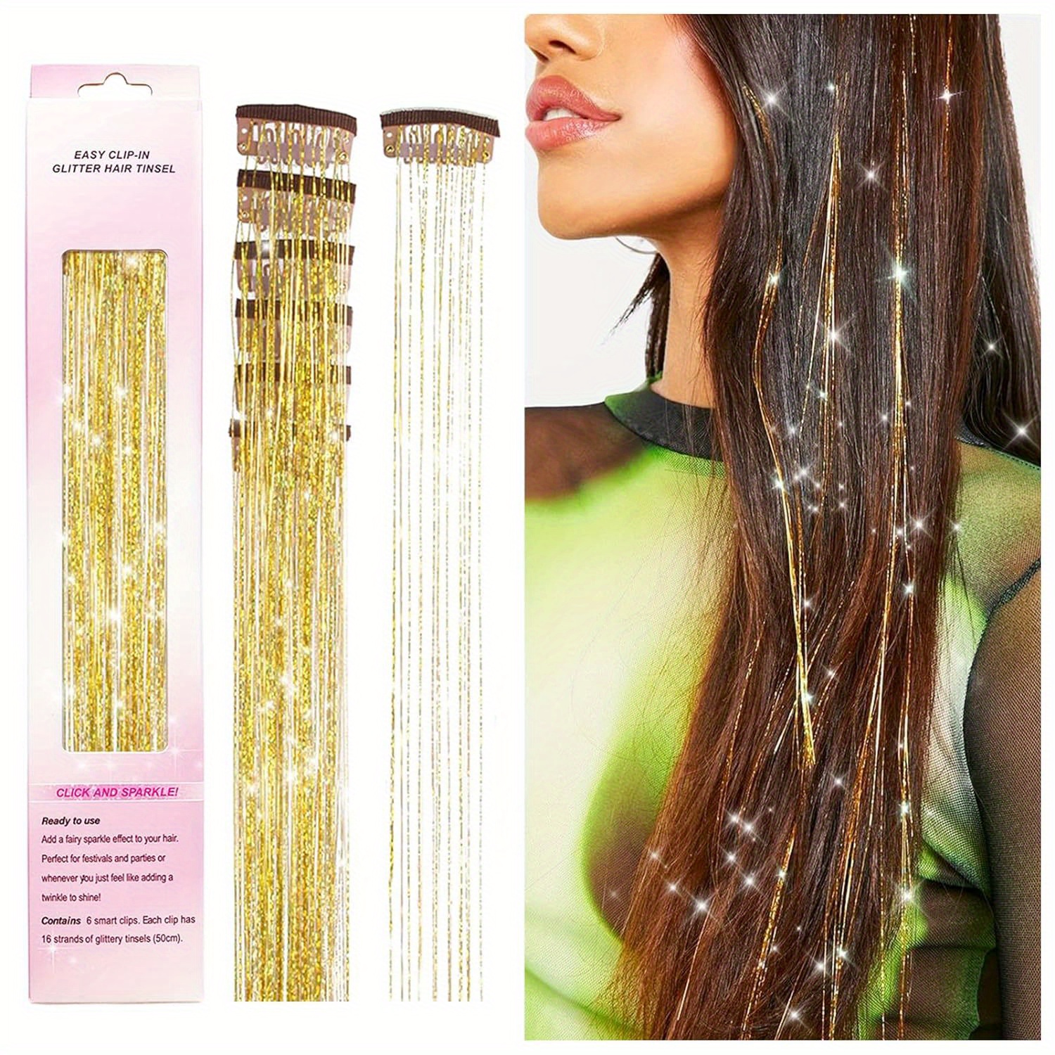 Y2K Party Glittery Tinsel Hair Extension 6pcs/set Clip in Hair Tinsel Kit Sparkle Hair Accessories for Women Girls Kids,Temu