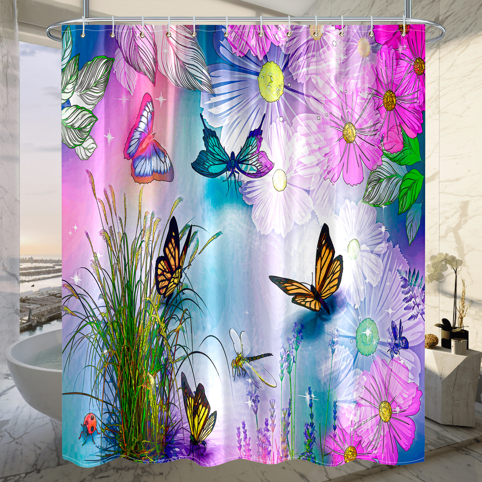 

1pc 3d Flower Butterfly Print Shower Curtain, Water-resistant Bathroom Decorative Curtain With 12 Hooks, Bathroom Accessories, Bathroom Decoration Supplies, 72*72inch/182cm*182cm