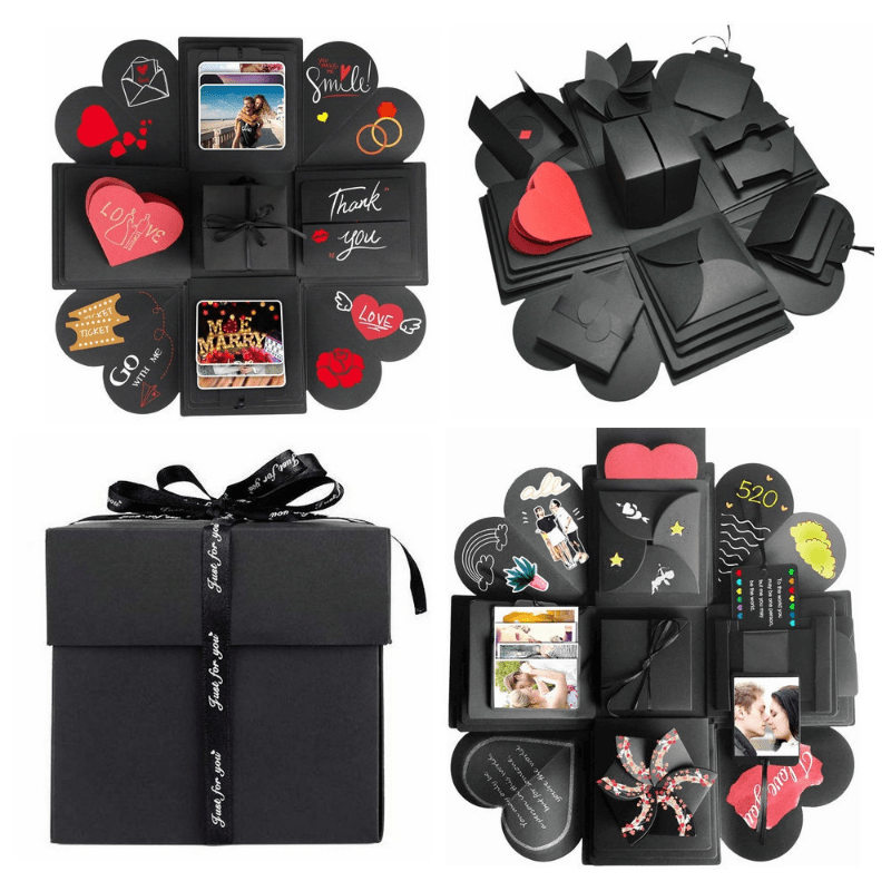 Caja de explosión de regalo, foto creativa sorpresa, caja de amor  explosiva, caja de fotos de memoria de amor con 4 caras para aniversario,  cumpleaños, día de San Valentín y boda (negro) : Hogar y Cocina 