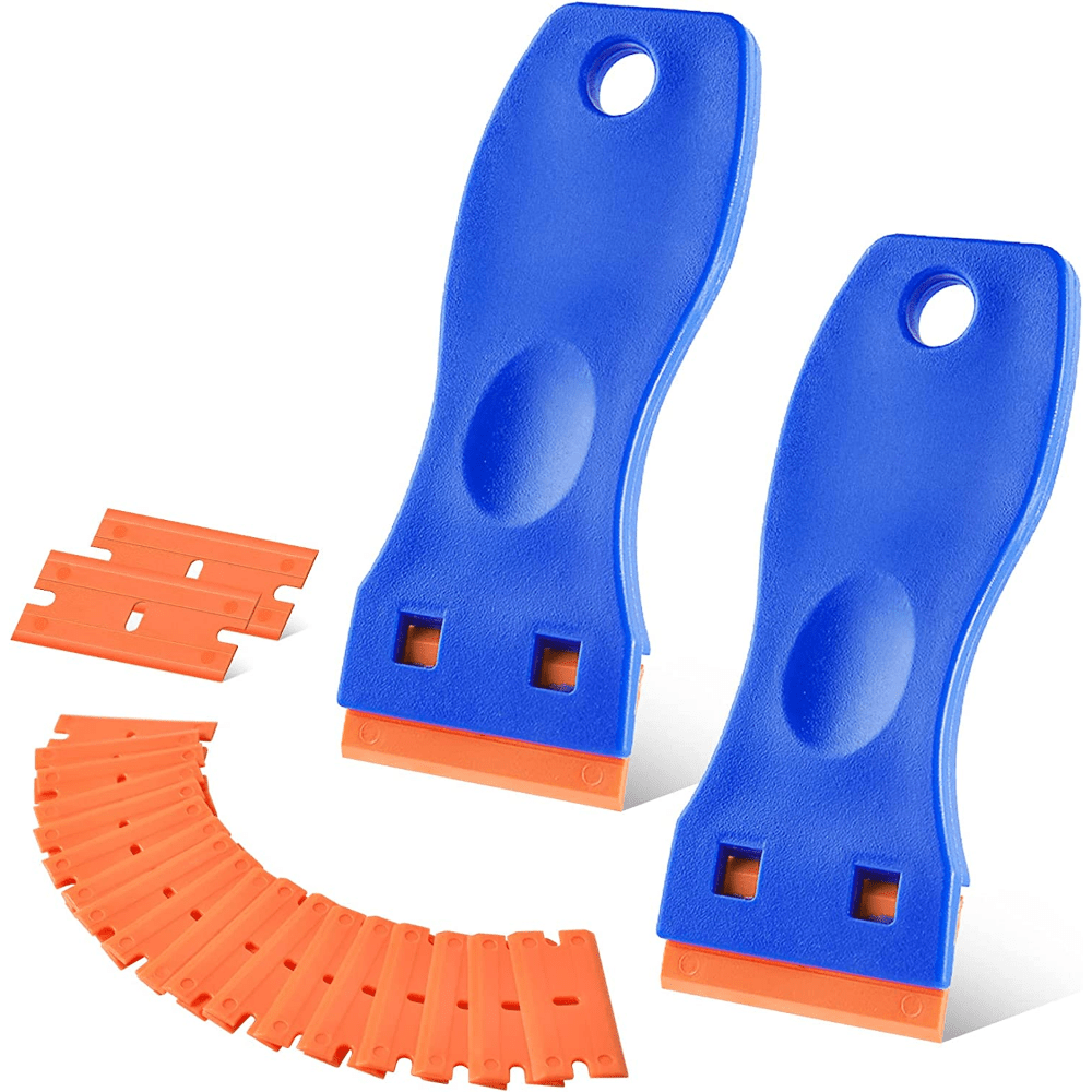 Plastic Razor Blade Scraper, Scraper Tool with 20 PCS Plastic Razor Blades  for Removing Labels Adhesive Decals Sticker from Windows Glass (Blue)