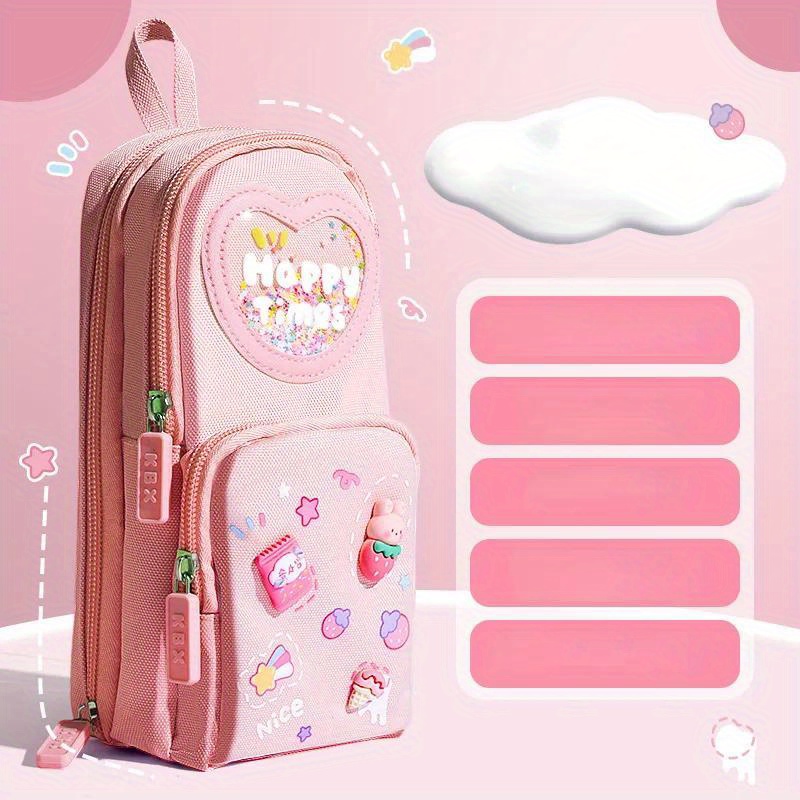 Portable three zipper large capacity pencil case canvas pencil bag girls  cute stationery bag student school supplies storage bag