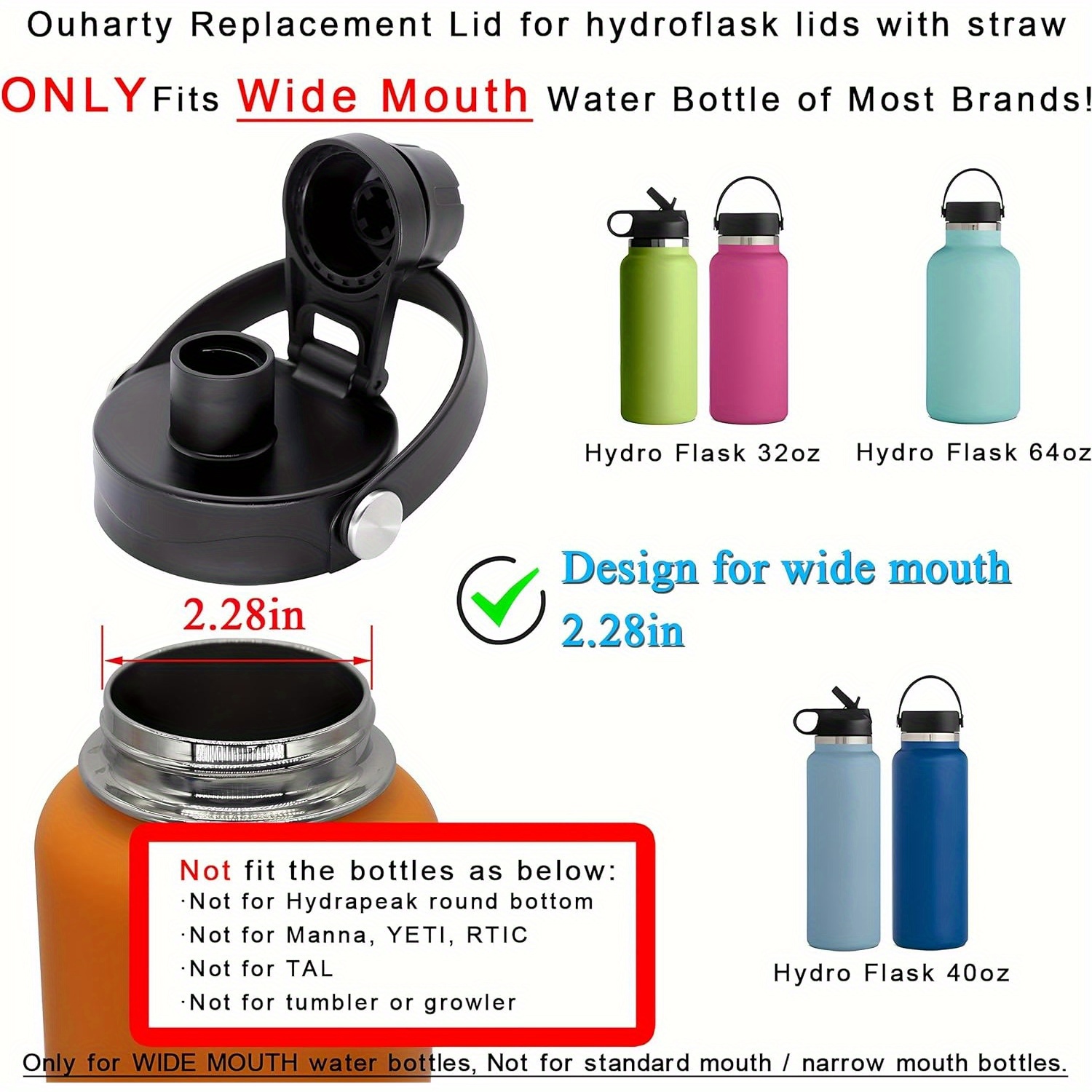 SENDESTAR Straw Lid Fit Hydroflask Wide Mouth Water Bottle 12/18/32/40 –  sendestar