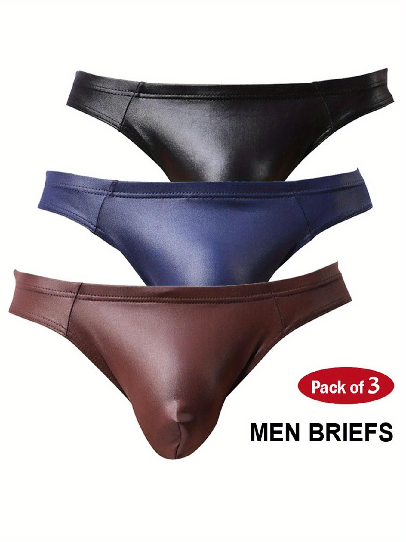 Men Faux Leather Thong Underwear, Cheeky Briefs, Bulge Pouch, Side