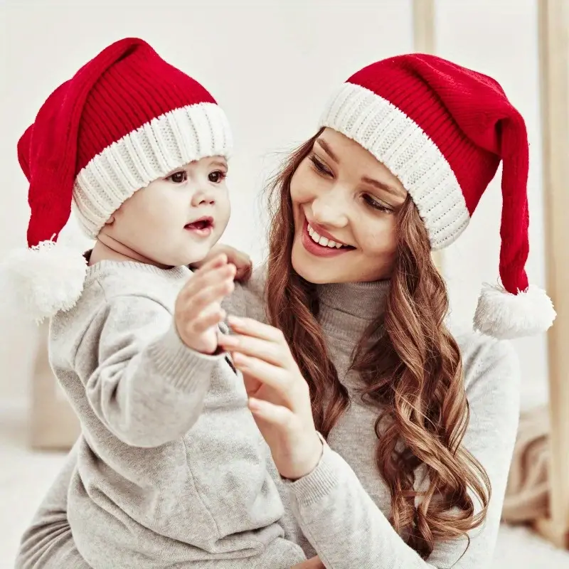1pc Christmas Knitted Hat Cute Adult Kids Soft Beanie Santa Hat for New Year Party,Temu