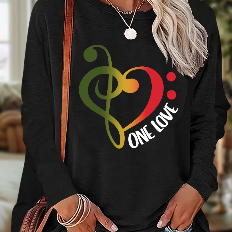 

ONE LOVE T-shirt Imprimé, Haut Décontracté À Manches Longues Et Col Rond Pour L'automne Et Le Printemps, Vêtements Pour Femmes