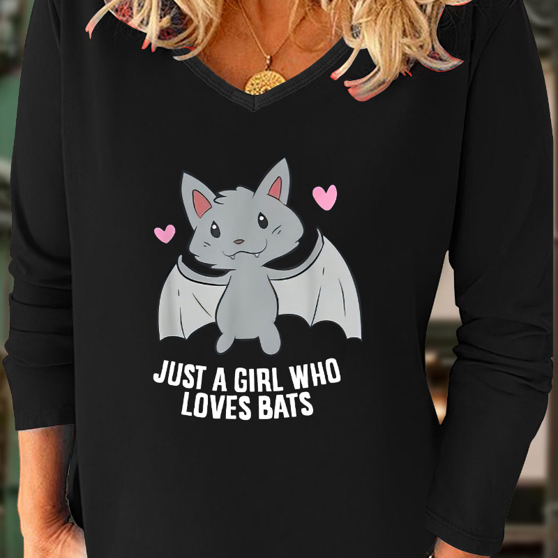 

Cartoon Bats & Letter Print T-shirt, Short Sleeve V Neck Casual Top For Summer & Spring, Women's Clothing