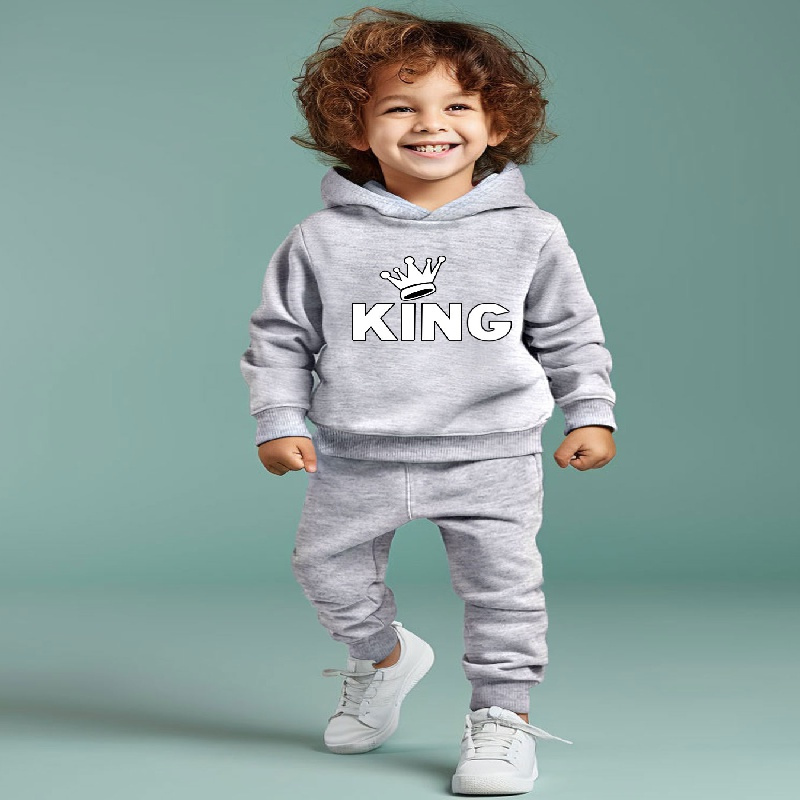 

2pcs Boy's "king" & Crown Print Hooded Outfit, Hoodie & Pants Set, Kid's Clothes For Fall Winter, As Gift