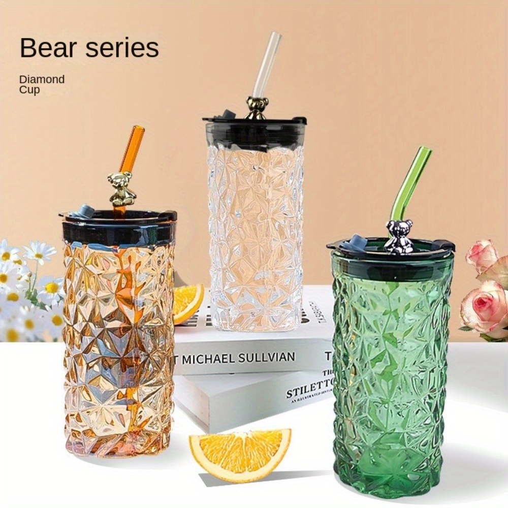 Bear Tumbler With Lid And Straw, Geometric Glass Water Bottle, Stylish  Clear Water Cups, Summer Winter Drinkware, Travel Accessories - Temu