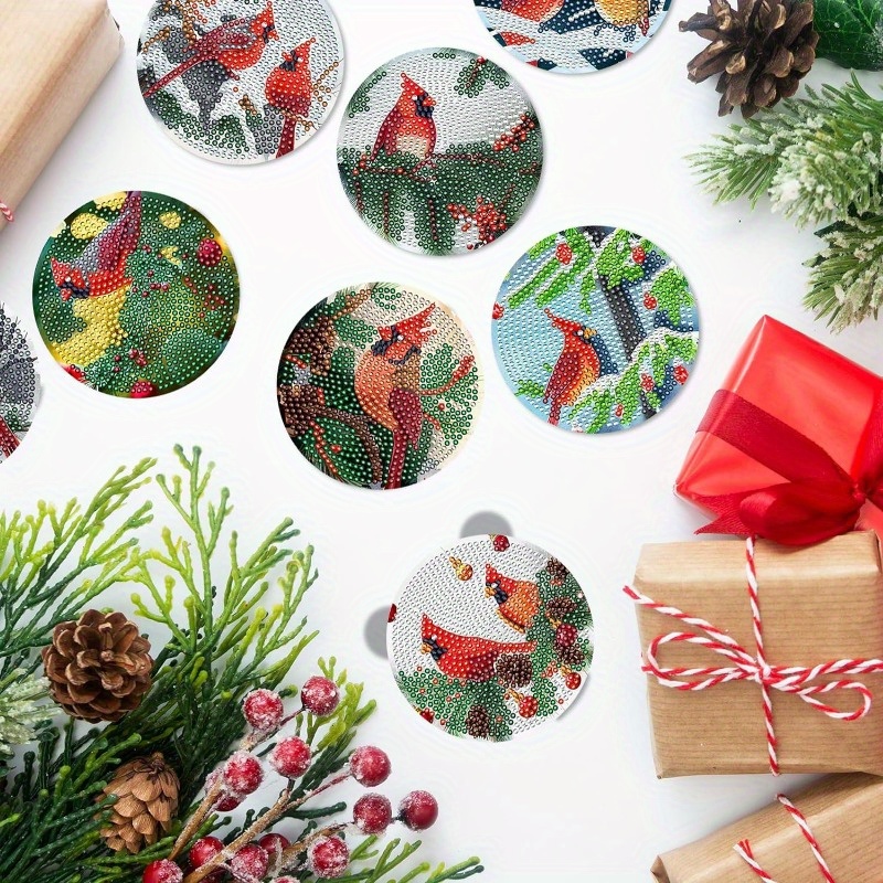 8 Pcs Christmas Cardinal Diamond Art Painting Coasters Kits with Holder DIY  Christmas Bird Diamond Art Coaster Non Slip Coaster