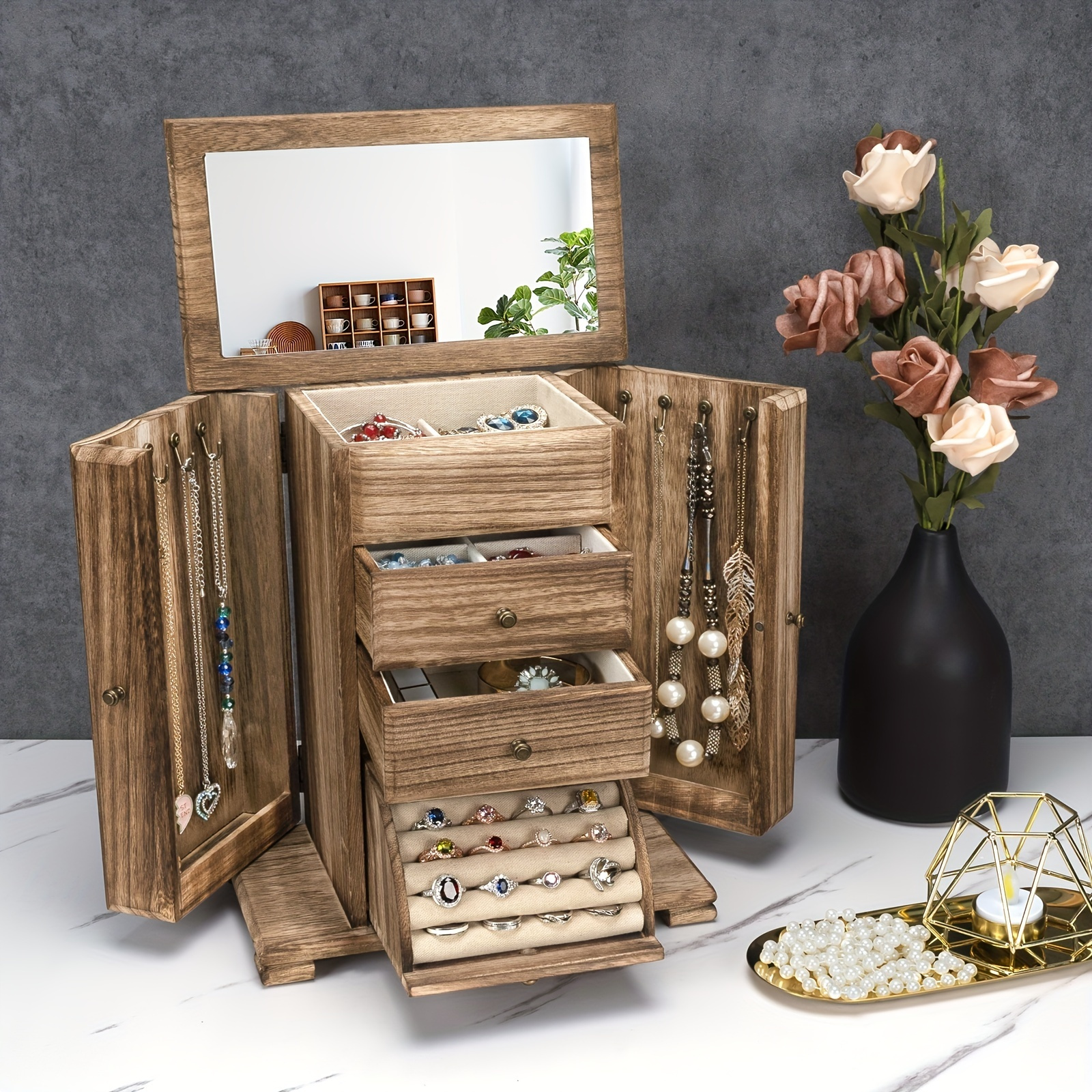 Rustic 5 layer Wood Jewelry Box With Mirror And Drawers For - Temu