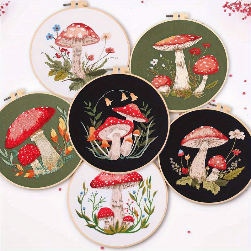 

1pc 3d Mushroom Embroidery Starter Kit For Beginners, Cross Stitch Kits For Adults, Include Embroidery Cloth With Flower Patterns And Embroidery Hoop, Threads, Needles And Instruction