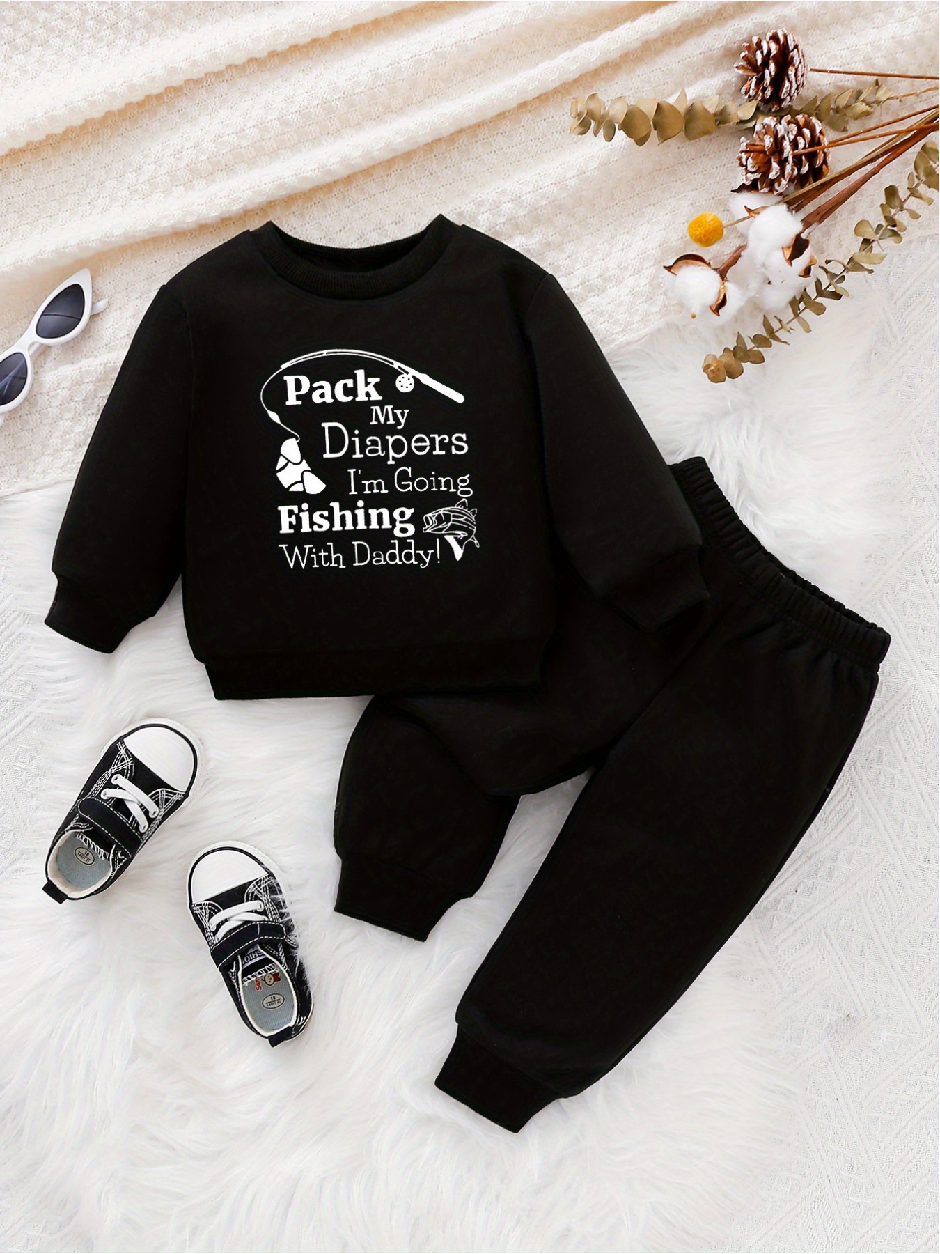 Baby's Fishing Letter Graphic Sweatshirt Trousers Set - Temu