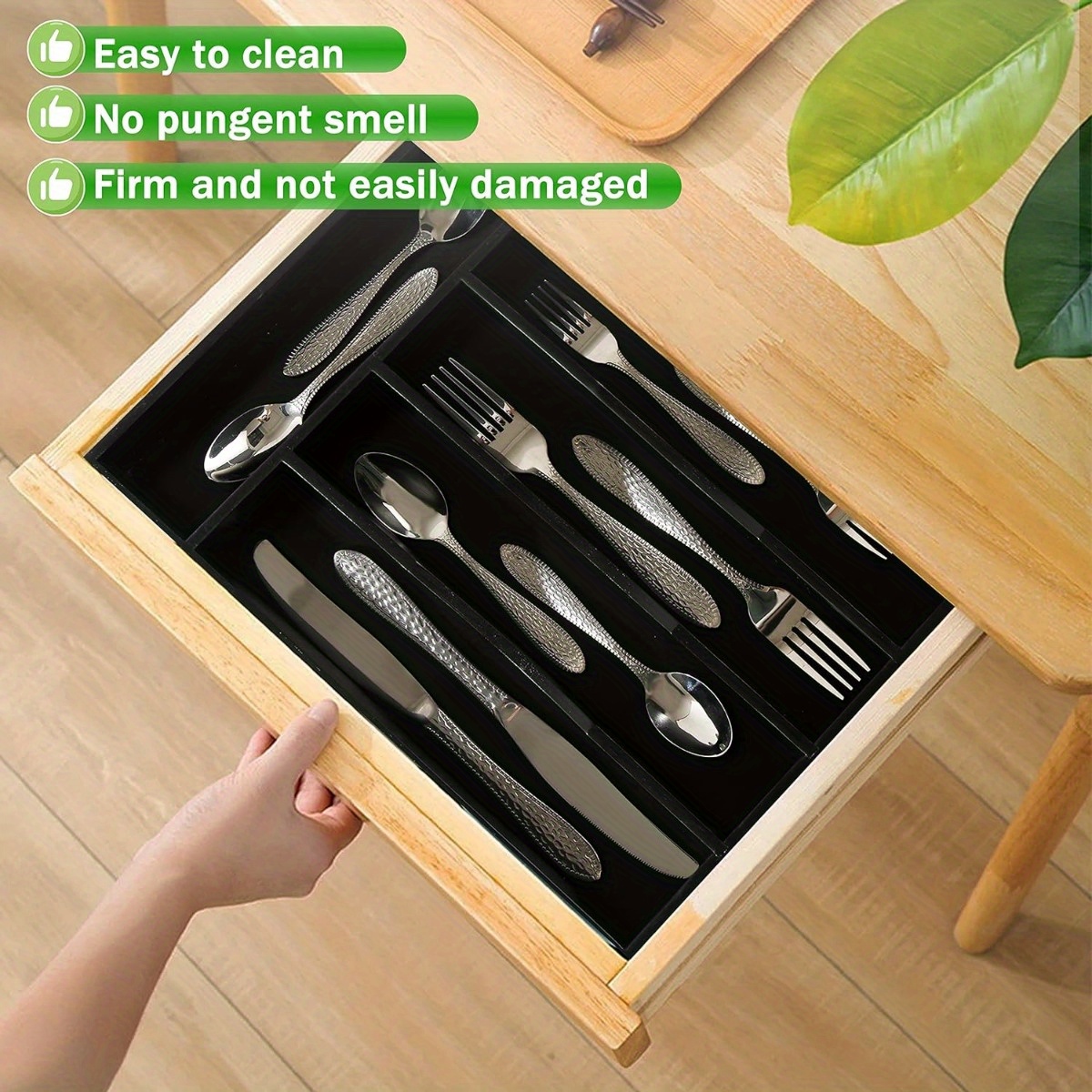 Bamboo Silverware Caddy, Cutlery Holder with Handle - 3 Compartment Utensil  Holder and Easy to Clean Spoon Fork Knife Holder - Non-Slip Kitchen