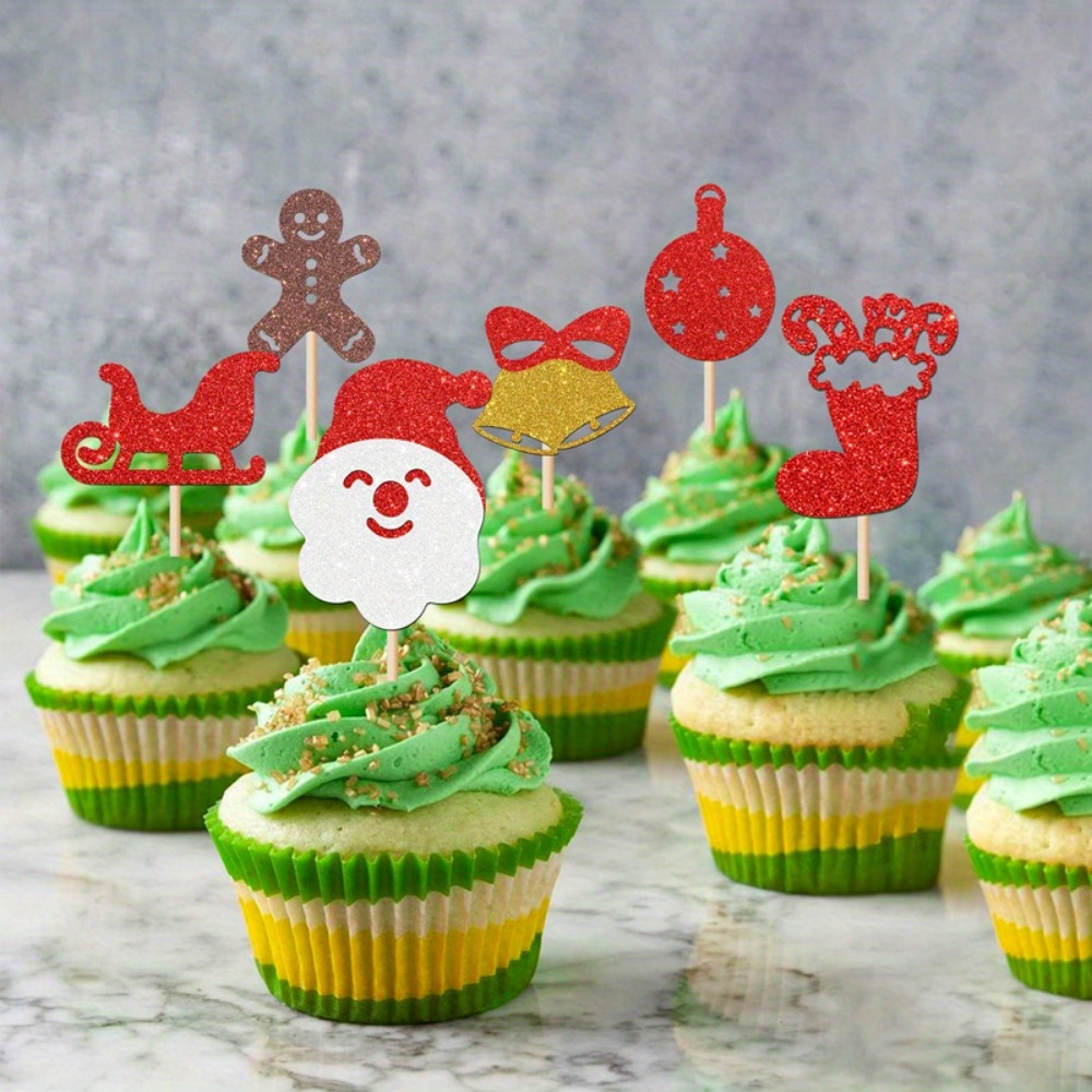  24 PCS Glitter Grin-ch Merry Christmas Cupcake Toppers