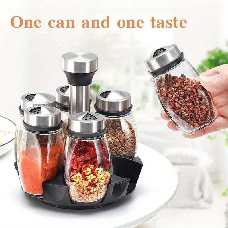 7pcs glass spice jar set with stainless steel lids 360 rotating kitchen organizer for salt sugar pepper spices transparent moisture proof storage rack with adjustable bottle holders essential for   spice rack details 3