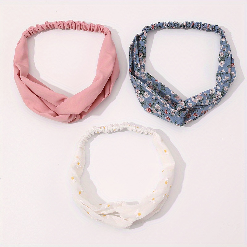 2/3pcs Floral Cross Hair Ties, Creative Knotted Fabric Printed Headbands For Women's Fashionable Hairstyles