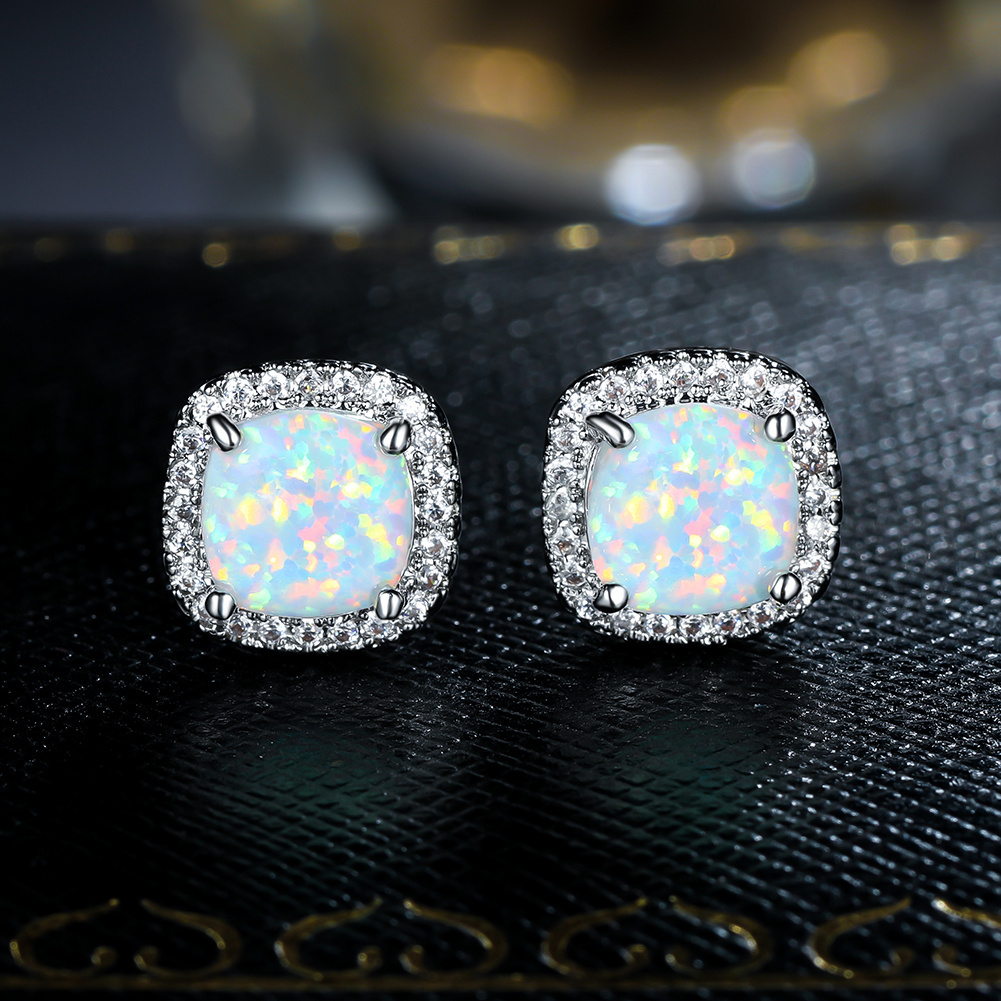 

Exquisite Square Shaped Stud Earrings Copper Jewelry Elegant Luxury Style Embellished With Opal For Women Wedding Dating