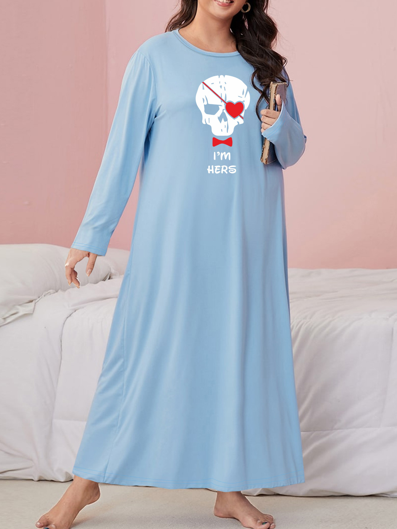 Gothic Nightdress Skull Slogan Print Long Sleeve Loose Fit
