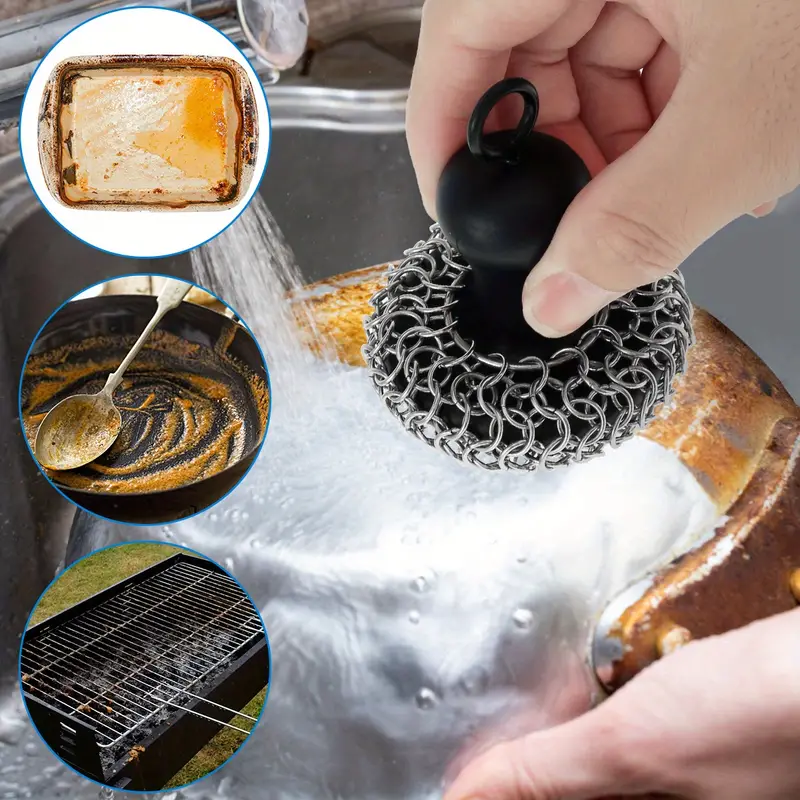 Cast Iron Scrubber, Food Grade Stainless Steel Chainmail Scrubber With Heat  Resistant Pan Scraper, Anti-rust Cast Iron Scrubber Brush With Handle,  Reusable Cast Iron Cleaner For Cookware, Pot Brush, Kitchen Supplies,  Cleaning
