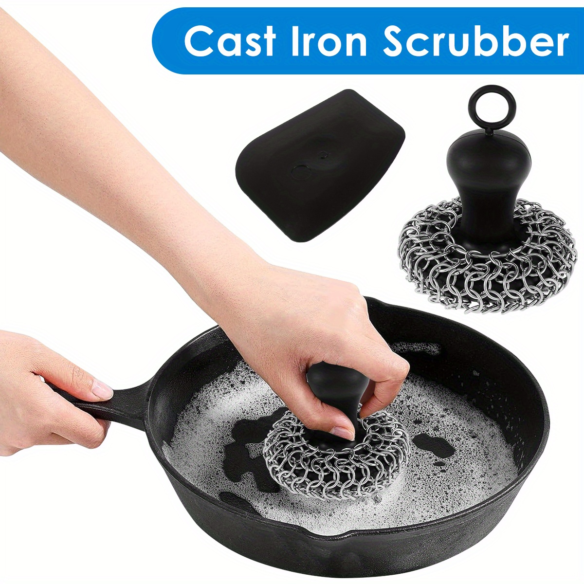 Cast Iron Cleaner, Chainmail Scrubber Brush with Handle, Small Ring Round  Chain Link Pot Scrubber Cleaning Brush for Cast Iron Pans Skillet, Cast Iron  Griddle, Frying Pans, Bakeware 