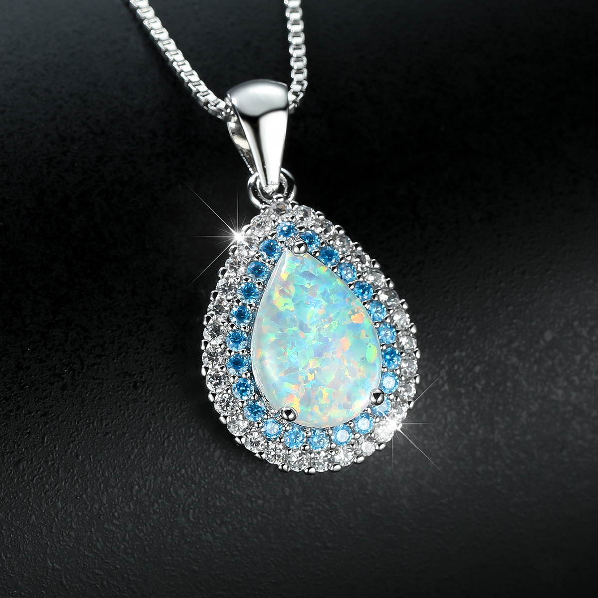 E-shop Halskette mit tropfenförmigem Anhänger aus australischem Opal in Meerblau im Bohemian-Stil für Damen, elegante Nischen-Halskette, funkelndes