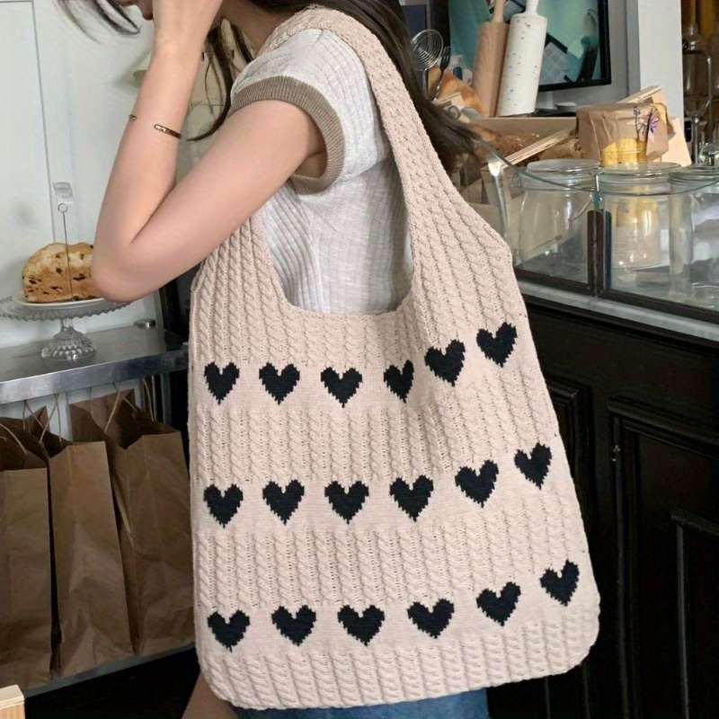 Y2k Love Knitted Tote Bag, Aesthetic Crochet Bag, Heart Woven