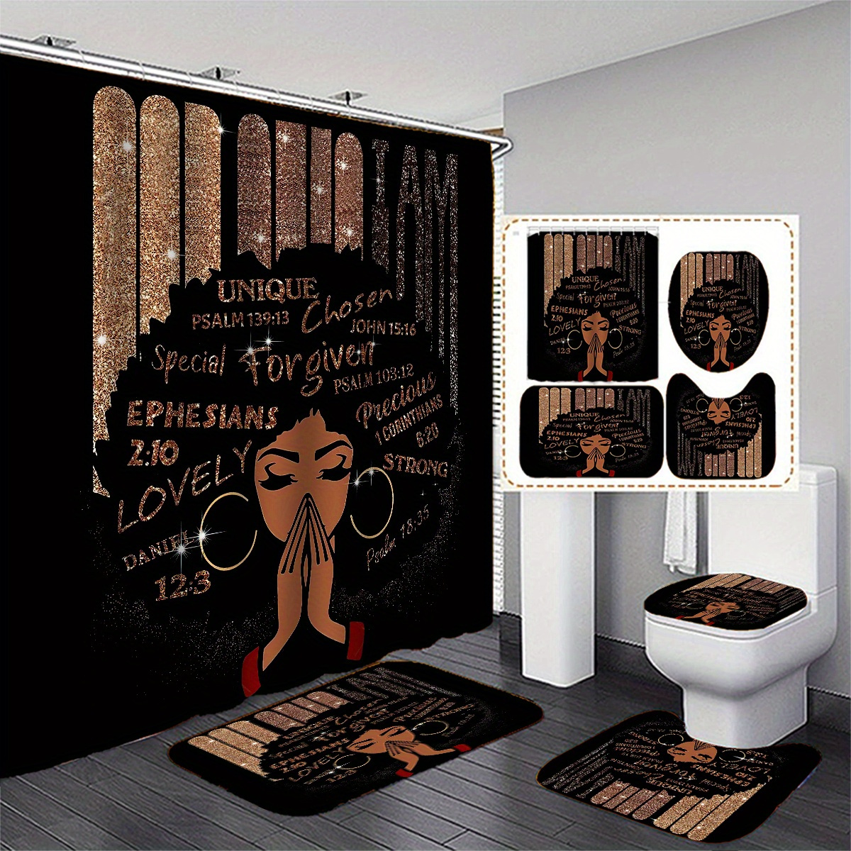 Shower Curtain Set Girl Print Bathroom Rug U shape Mat - Temu