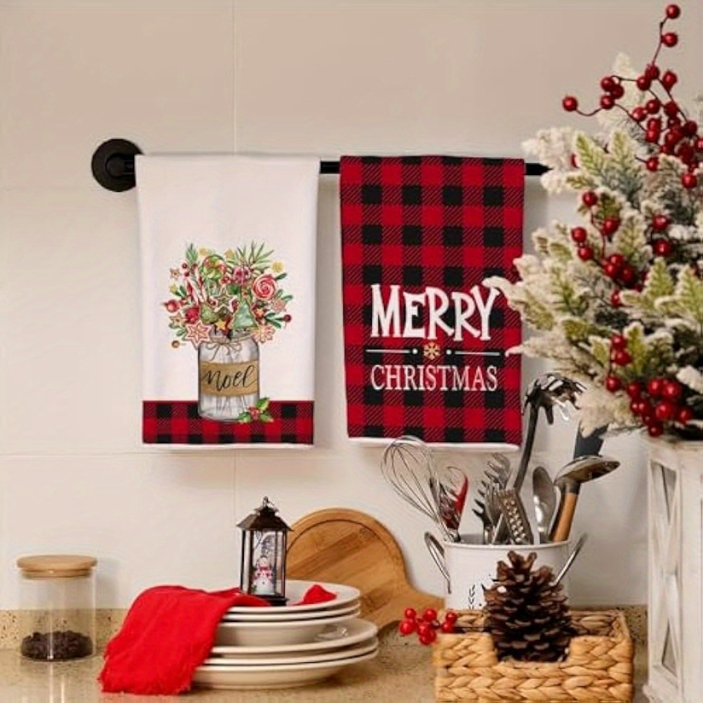 Black Red Buffalo Plaid Merry Christmas Kitchen Towels Dish Towels, Black/Red